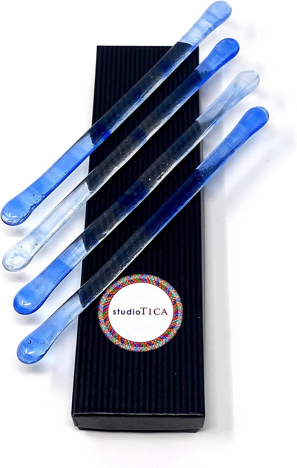 Handmade Glass Swizzle Sticks: Superior Blue Crystal (Paradise Collection) - 7.25 inch stirrer for Coffee Tea and Mugs - Set of 4 with Gift Box by studioTica