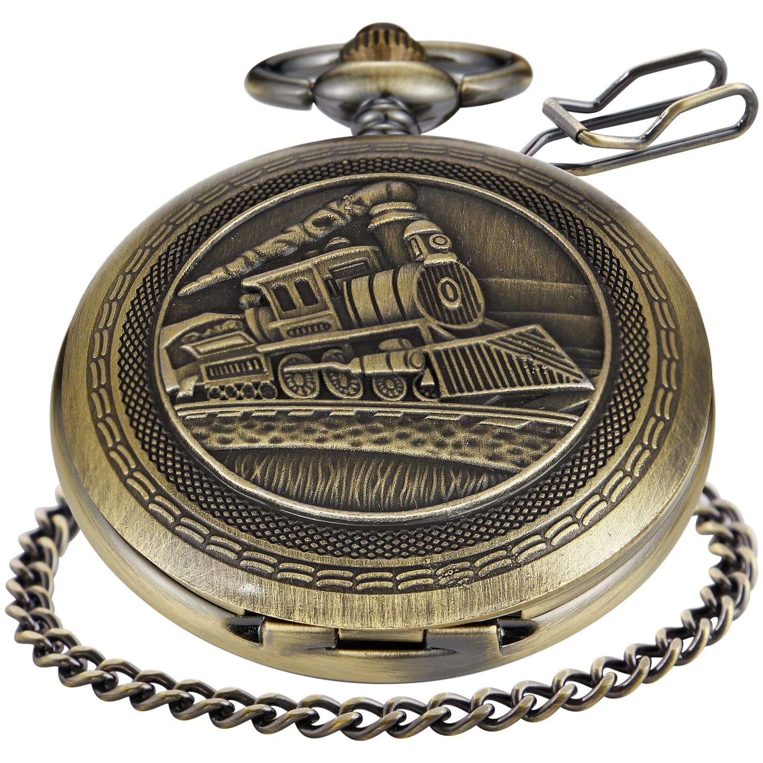 Realpoo Quartz Pocket Watch for Men, Bronze, Analog Display, Arabic Numerals, Stainless Steel Band, 12-hour Time, Includes Chain