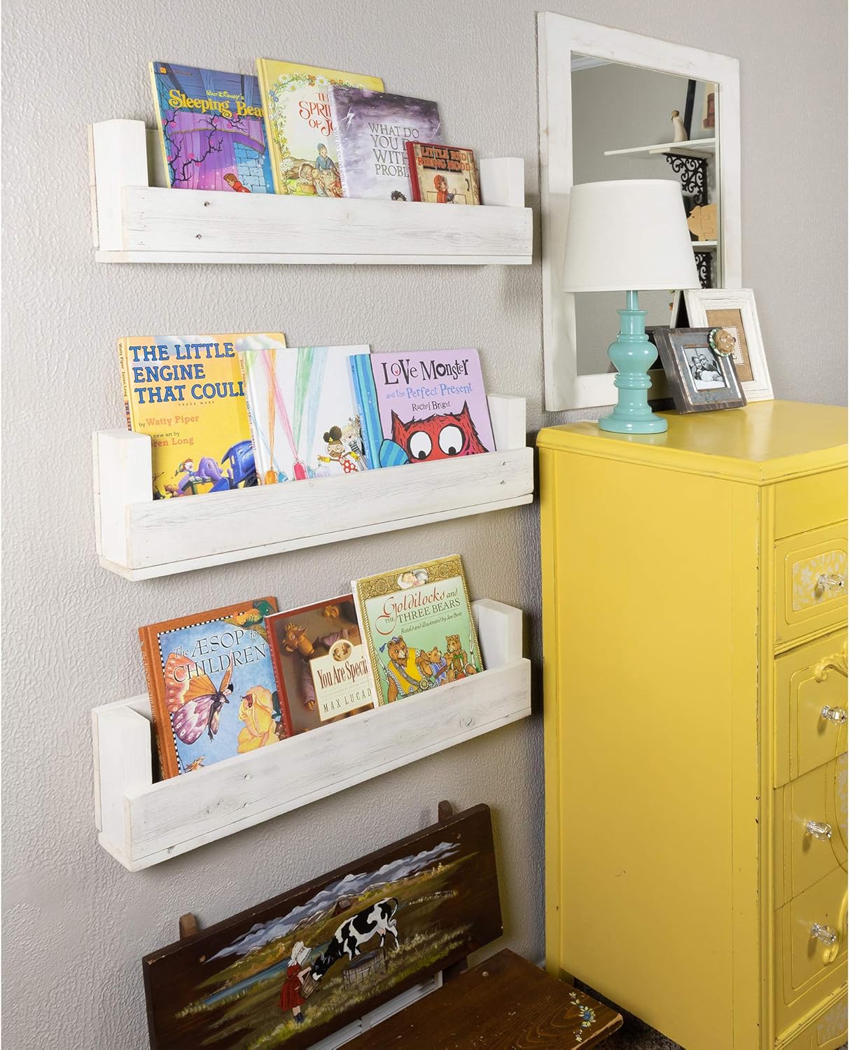 Nursery Bookshelves 28 Inch (Set of 3) | Wall Mount | Handmade Rustic Reclaimed Wood - Whitewash