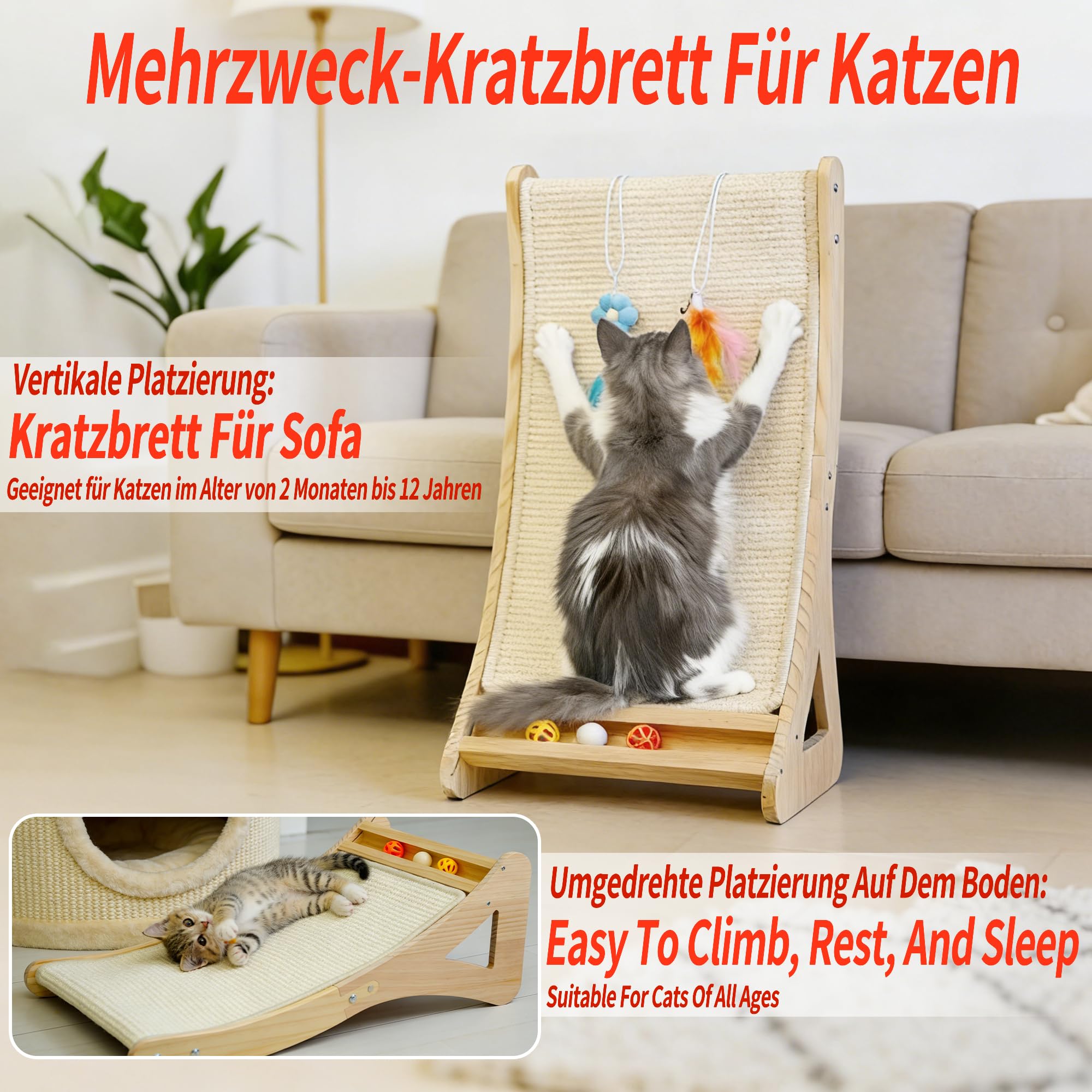 Rascador para gatos de doble uso, cartón rascador para gatos, grande, 63 cm, curvado, muebles para gatos, 100 % sisal natural, para sofá y protección de pared, con cascabeles, juguete de