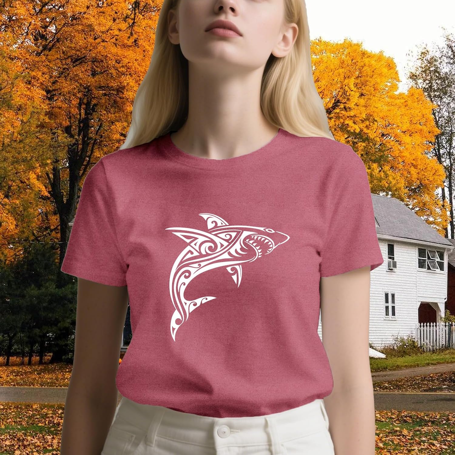 Womens Shark Shirt Waves T-Shirts Great White Jaws Fish Sea Ocean Animal Lover Tee Tops - Image 3