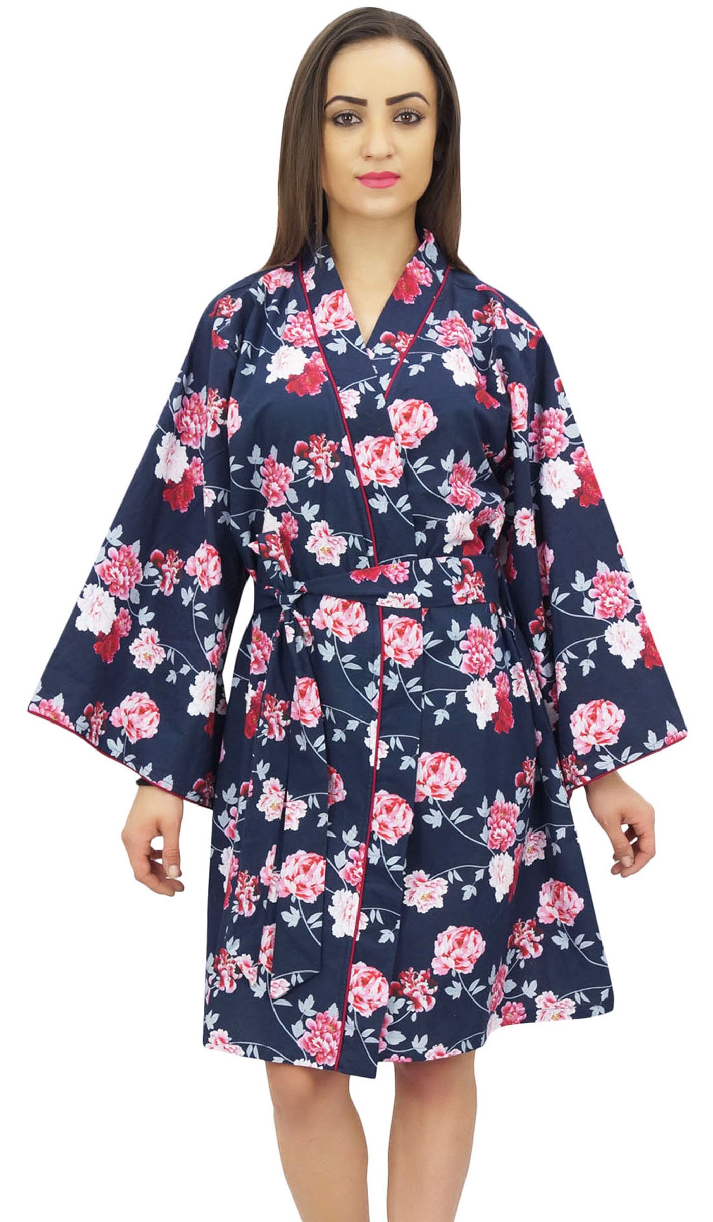 Bimba Mujeres Estampado De Flores De Algodon Popelin Kimono Coverup túnica con Belt - 36