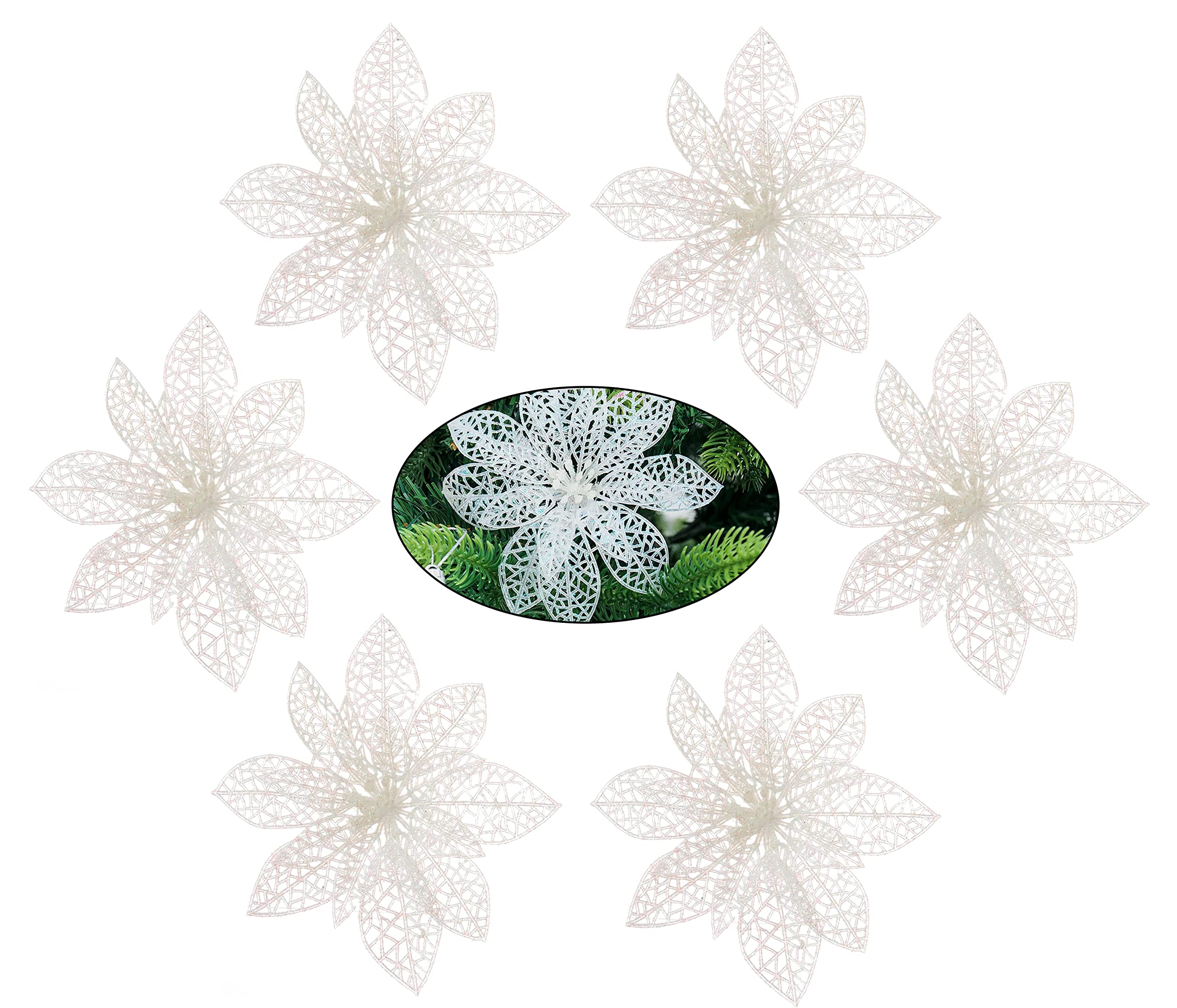 HOVUK 6Pcs White Artificial Poinsettia Glitter Flowers 15cm - Ideal for Christmas Tree Decorations and Christmas Tree Flowers Clip for Wedding (White)