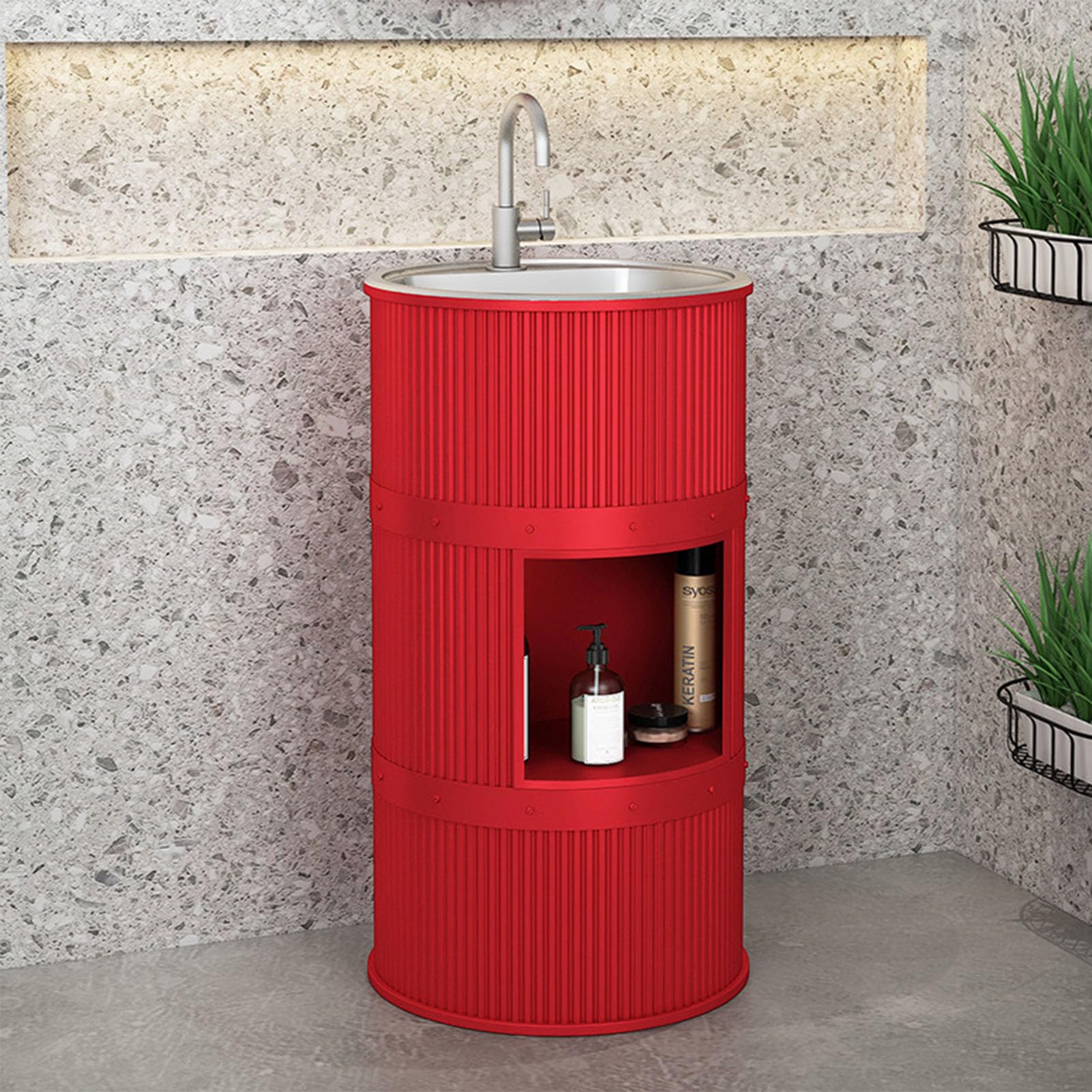 Lavandino a Colonna Moderno in Ferro Battuto, Mobile da Bagno con Lavabo in Acciaio Inox, Lavandino su Piedistallo Freestanding Set con Rubinetto e Scarico (con contenitore,Rosso)