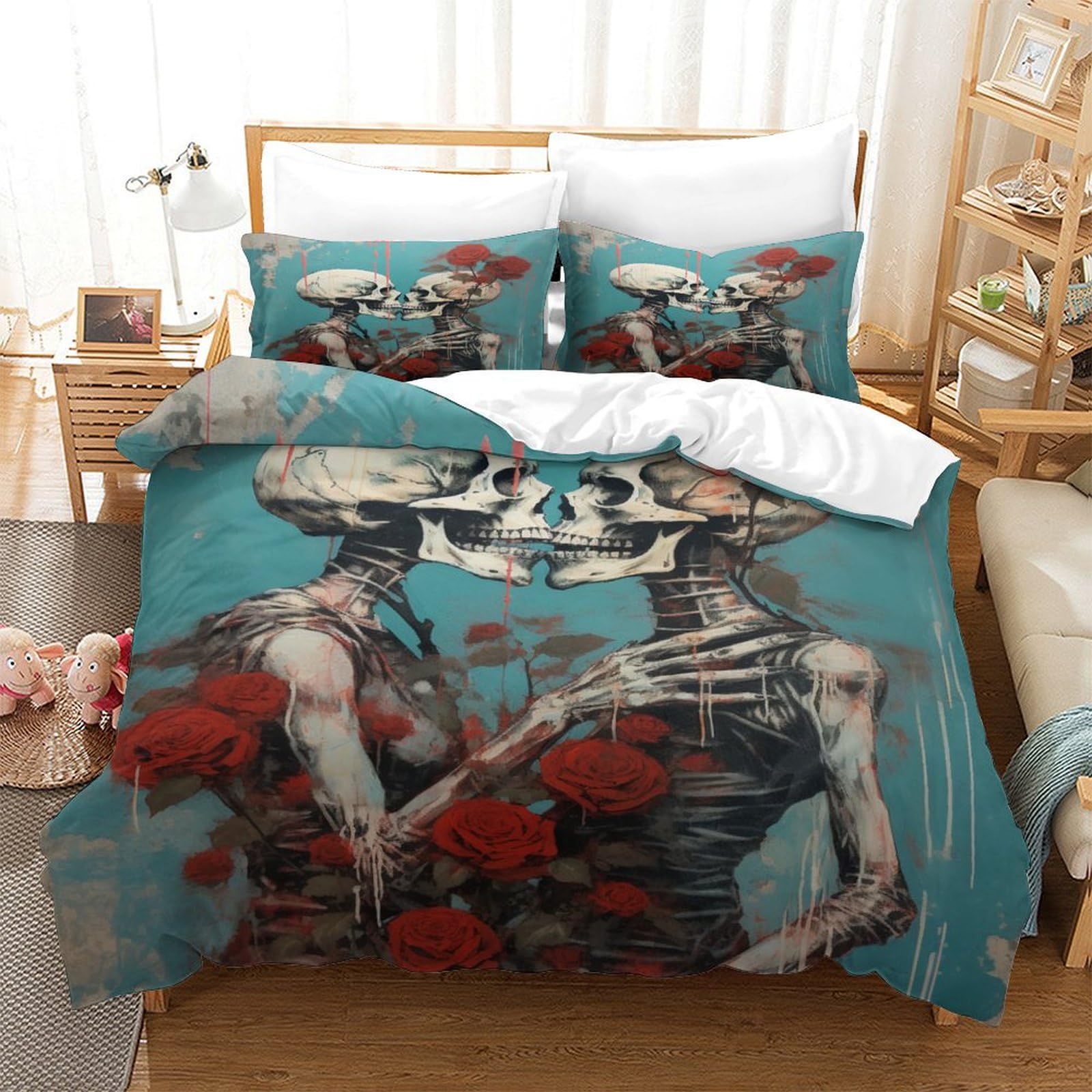 P1S9U7W5Y 3D Printed Skull Rose Duvet Cover Set 3pcs Microfiber Skeleton Bedding Set Double