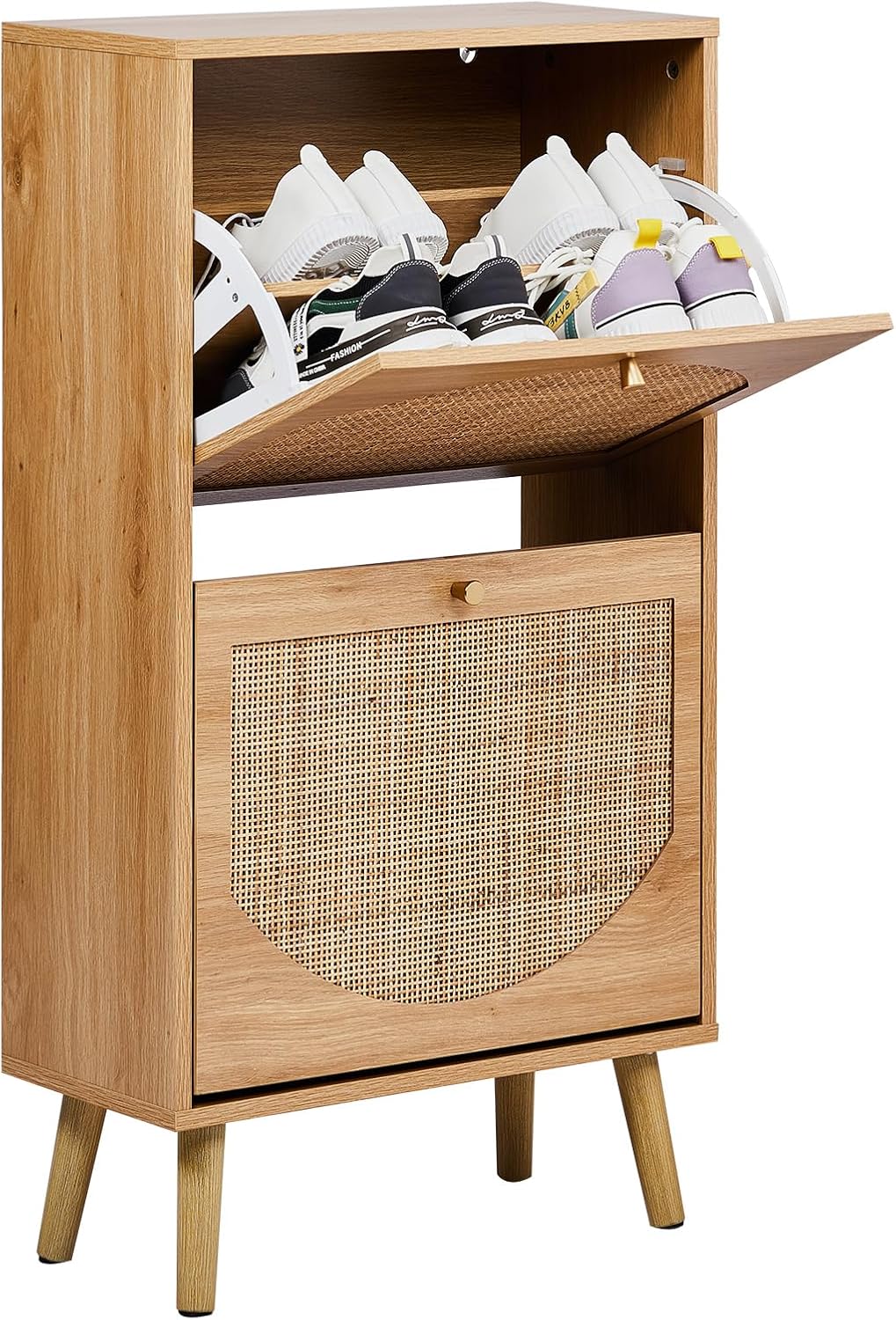 Rattan Shoe Cabinet with 2 Flip Drawers, Freestanding Shoe Storage Cabinet for Entryway Slim Hidden Shoe Cabinet with Open Shelf Boho Narrow Shoe Rack Cabinet for Hallway (Natural Wood Color)