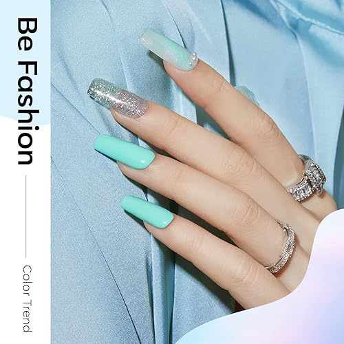 Miniatura 5 de Modelones Juego de 6 esmaltes de uñas en gel, diseño Mermaid, azul, plateado, brillantina, verde menta, brillante, semipermanente, primavera,