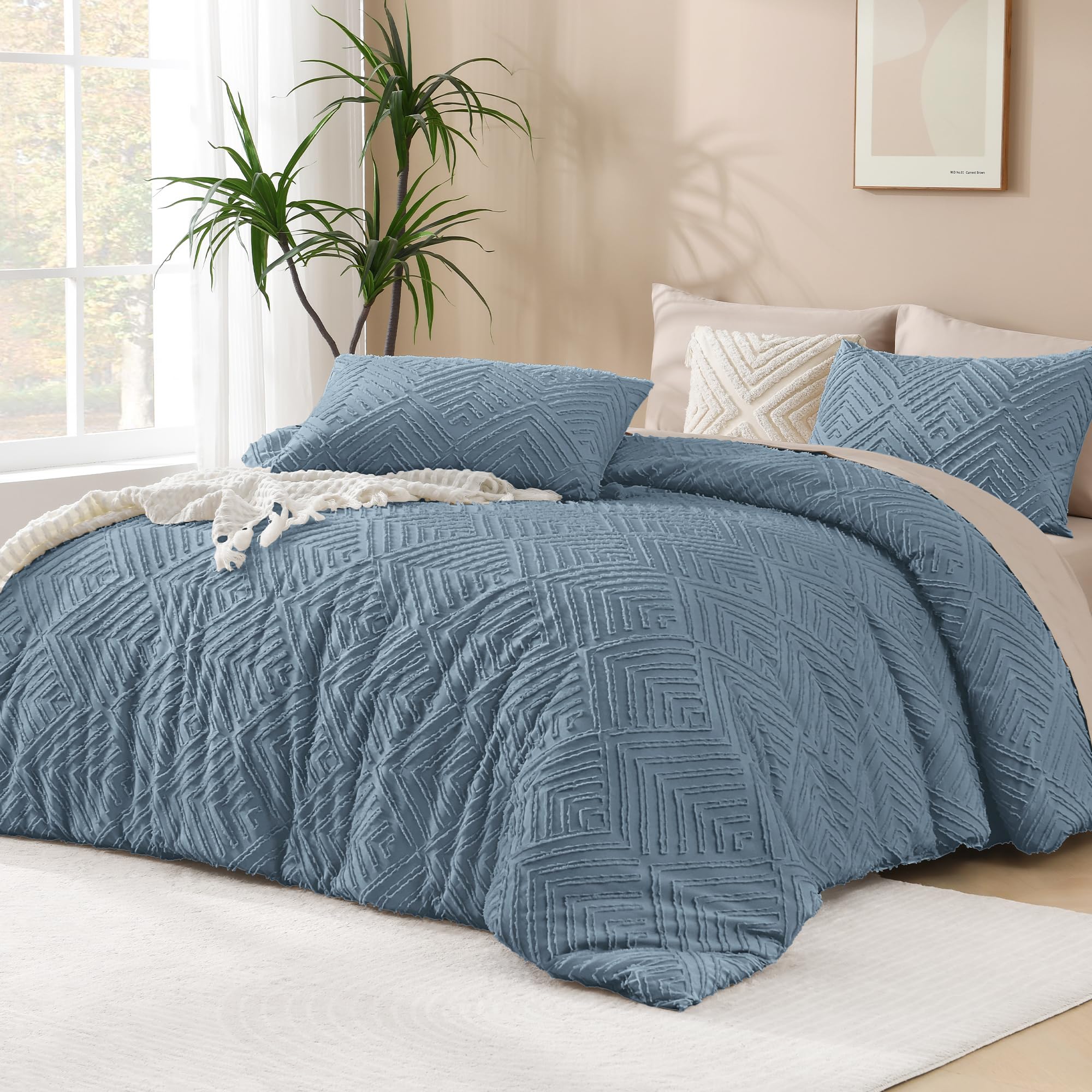 Andency Blue Comforter Set Full Size, 3 Pieces Boho Lightweight Fluffy Bedding Comforter Set for Full Bed, Tufted Farmhouse Design Bed Set for All