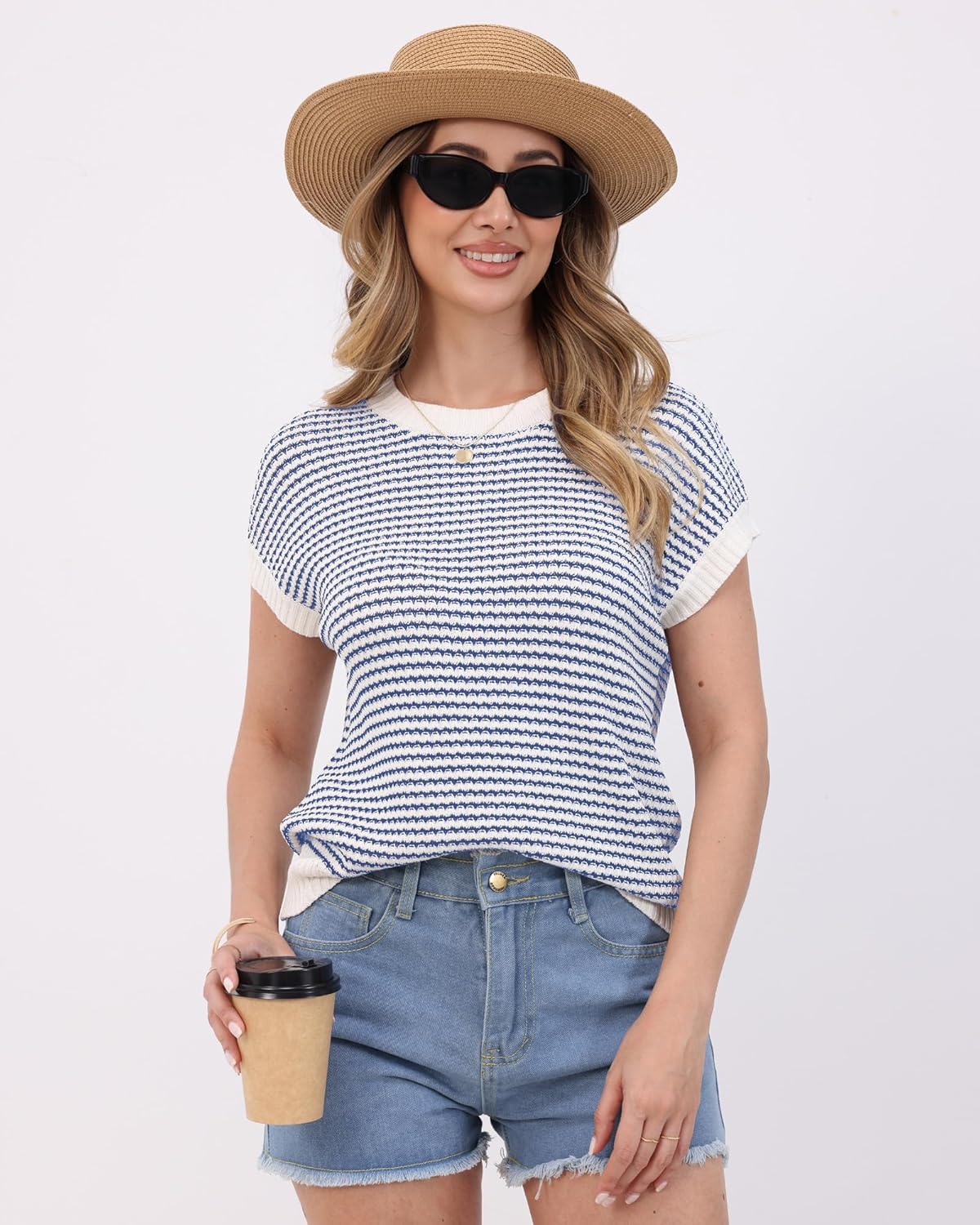 Womens Lightweight Sweaters Pullover Vest Striped Cap Sleeve Tank Tops Crew Neck Soft Knit Spring Summer Casual Outfits - Image 4