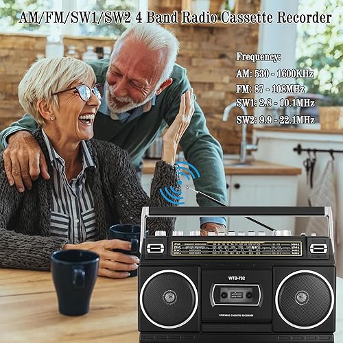 Miniatura 3 de Boombox portátil estilo retro clásico de los años 80 con grabadora de cassette, radio AMFMSW1SW2, Bluetooth, ranuras USBMicro SD, conector para