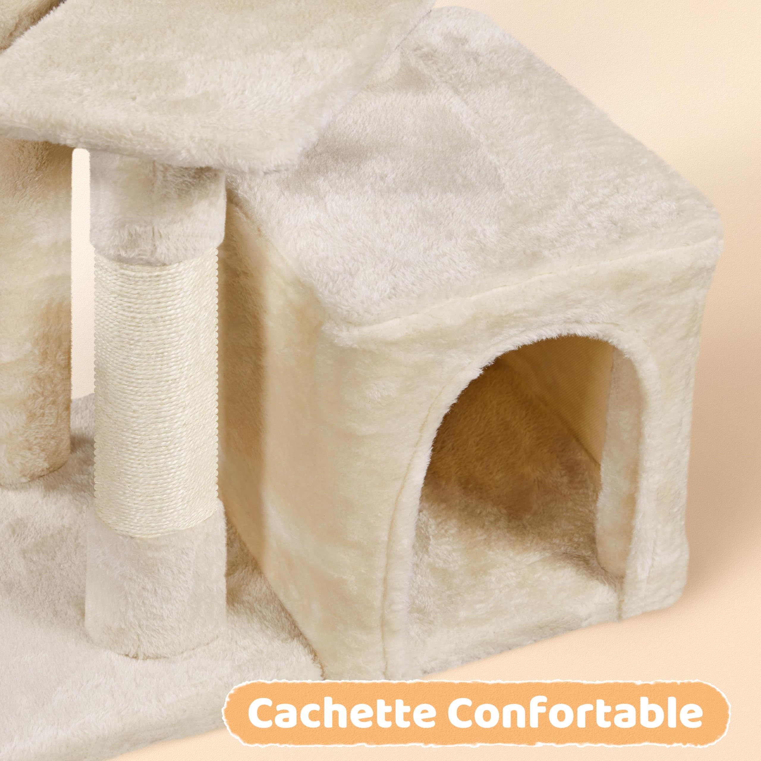 Abician Arbre à Chat Arbre à Grimper Hauteur 96cm Tour de Jeu avec Poteaux Griffoir Cordes Sisal Cachette Panier Niche Beige