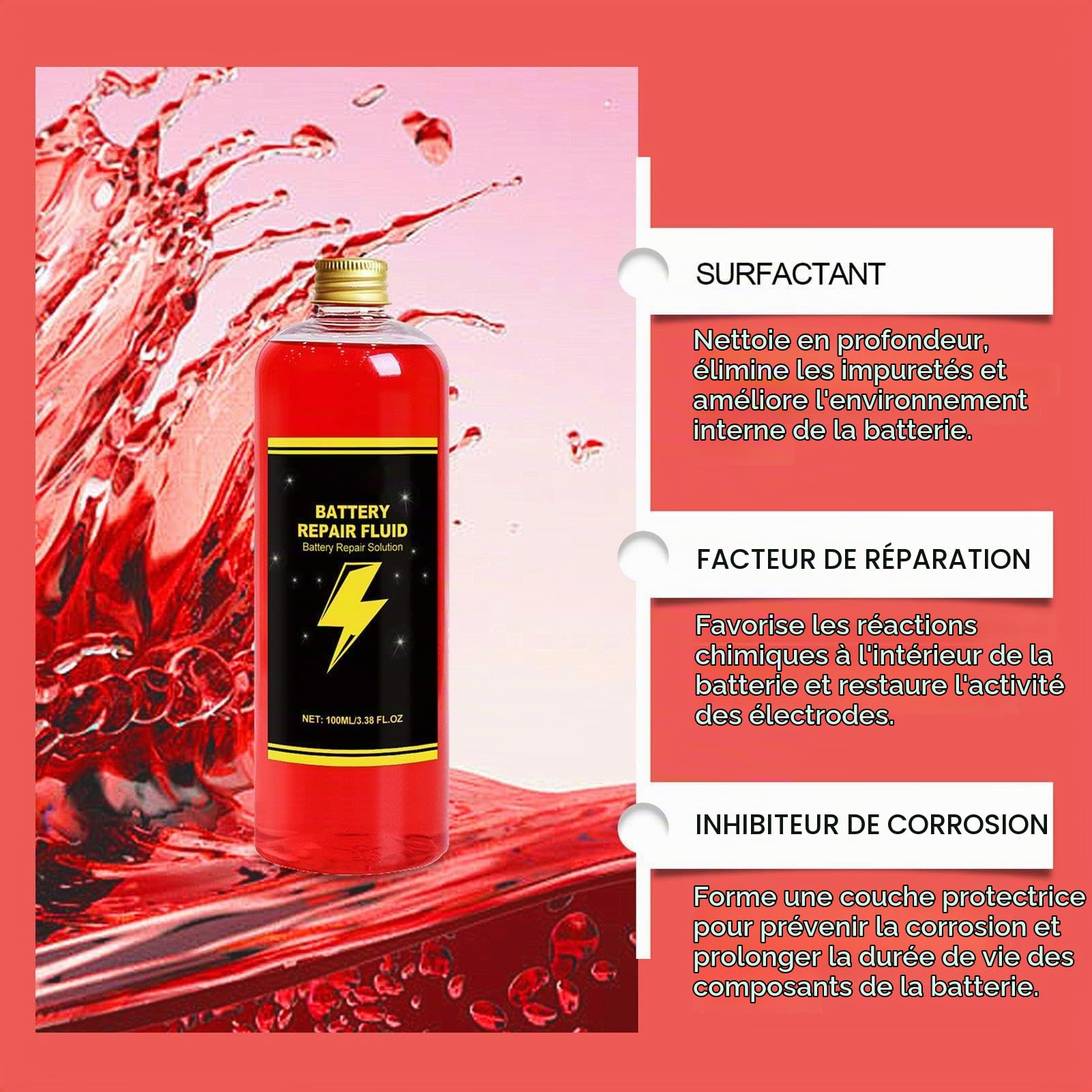 Liquide de réparation de Batterie de Voiture - Réparation de Batterie sûre et - Longue durée de Vie - - pour Voitures de Golf - Universel - 100 ML