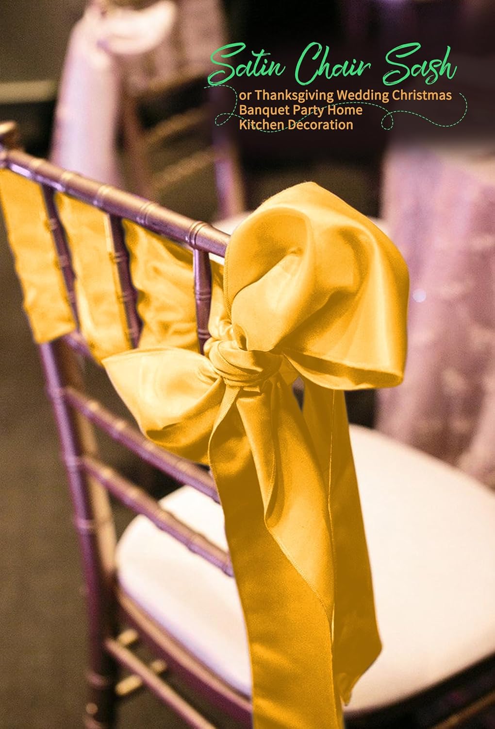 60 PCS Gold Satin Chair Sashes, Ties Bows Designed Chairs Decorative, Chair Cover Sashes for Thanksgiving Wedding Christmas Banquet Party Home Kitchen Decoration (7 x 108 inch)
