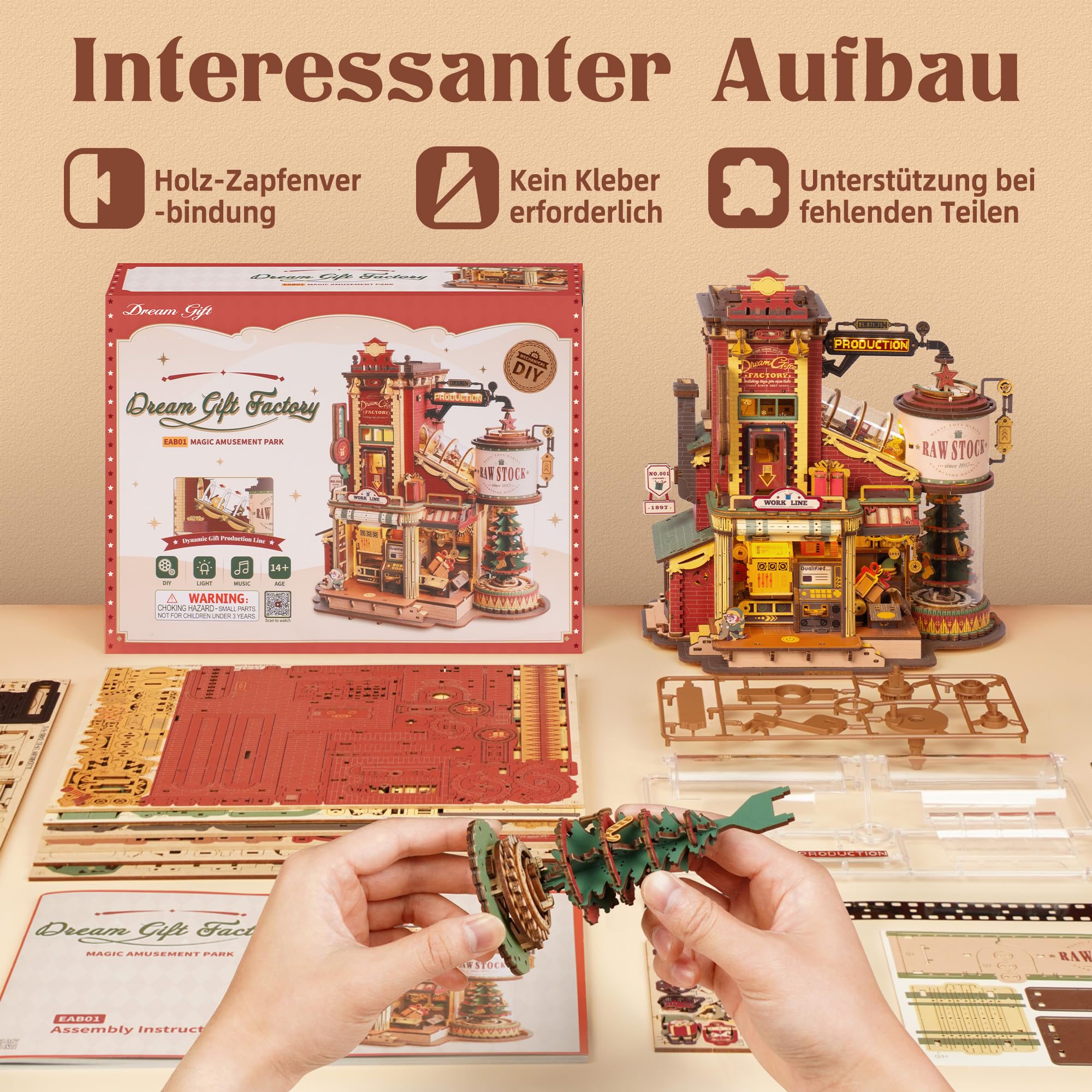 ROBOTIME 3D Holzpuzzle Geschenkfabrik Bausatz – Mechanisches Modell mit Musik & LED Licht, Retro Vintage Bastelset für Erwachsene & Jugendliche, EAB01