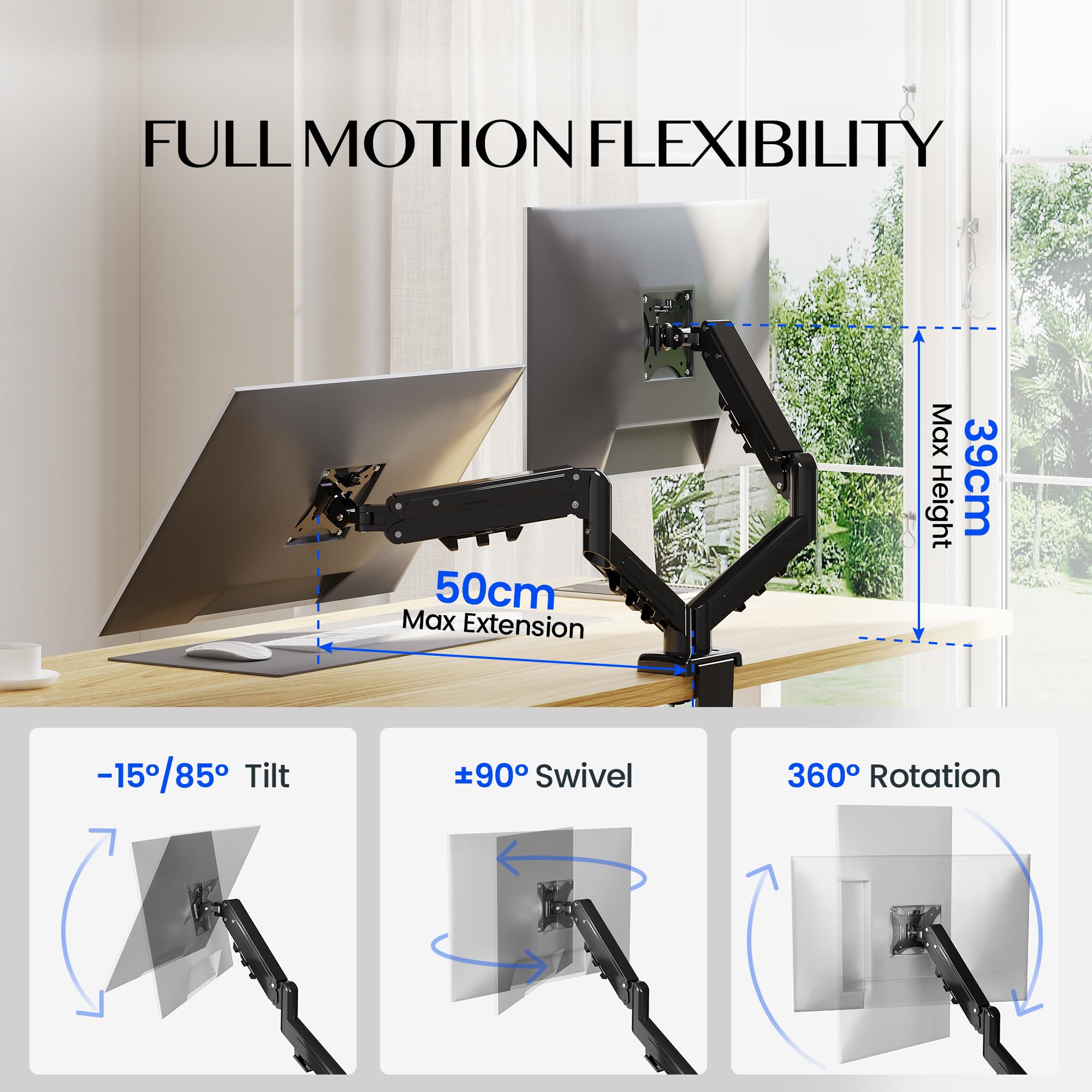 FlexiSpot Supporto monitor doppio 17-32″ – Braccio supporto monitor VESA 75/100 mm, regolabile in altezza, inclinazione, rotazione, estensione, fissaggio a clip, carico max. 9 kg