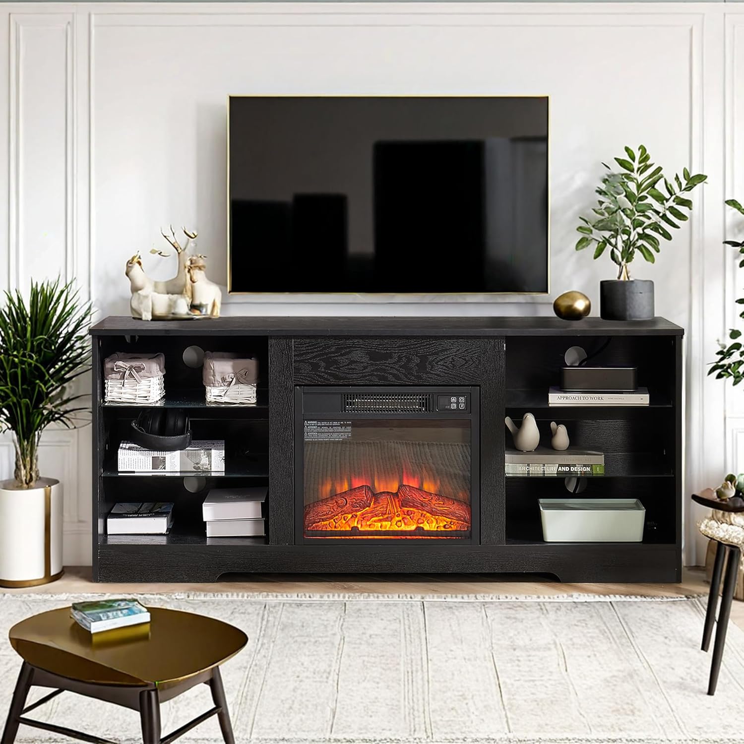Black Fireplace TV Stand with Storage, Entertainment Center with LED Light and Charge Station for Living Room, Console Table Fits for Up to 62'' TV