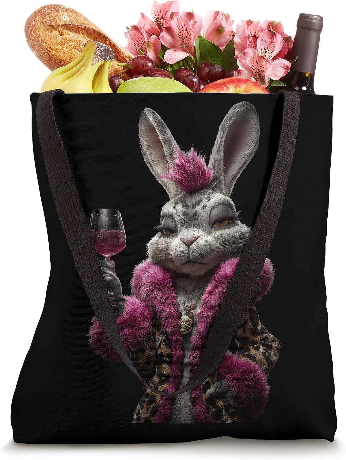 Stylish Rabbit Portrait Fashion Bunny Red Wine Graphic Pink Tote Bag