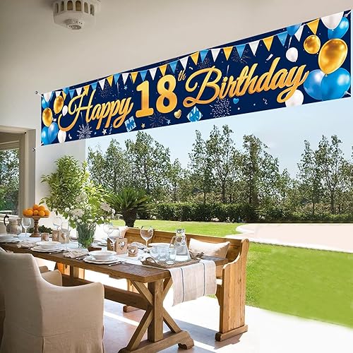 Vista 33 de Cartel grande de feliz cumpleaños 60, telón de fondo azul dorado 60 cumpleaños, suministros de decoración de fiesta de 60 años para hombres, patio