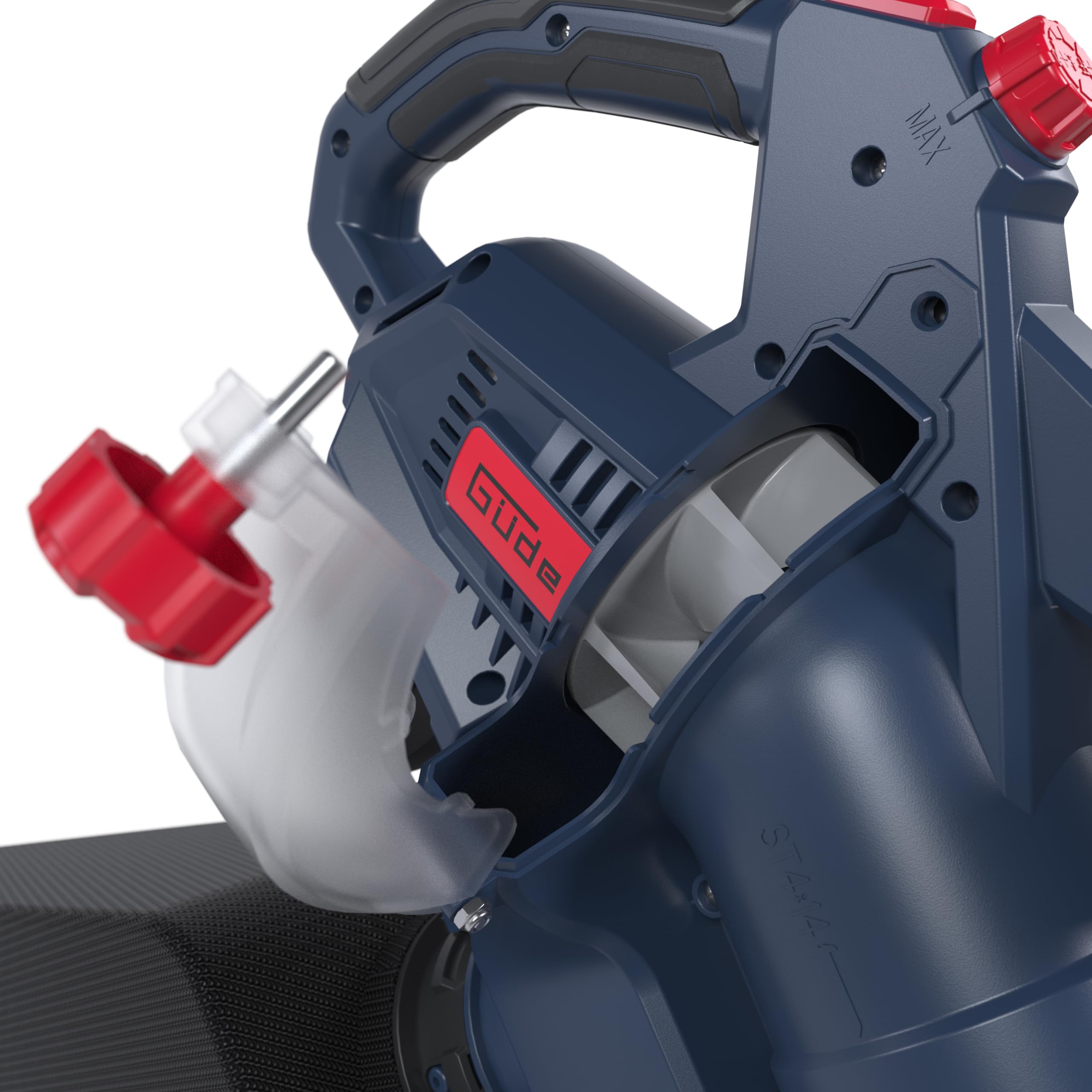 Güde Akku Laubsauger ALS 36-202-30-2 Stück 2 Ah Akkupack, Doppelladegerät | Saugen, Blasen, Häckseln, Vario-Speed mit Turbo, Blätterkralle, Reinigungsklappe, einstellbare Fahrrollen, 45 Liter Fangsack