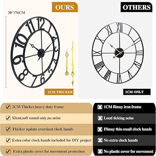 Miniatura 3 de CLXEAST Relojes de pared de 30 pulgadas para decoración de sala de estar, reloj de pared grande de metal negro decorativo, número arábigo regular