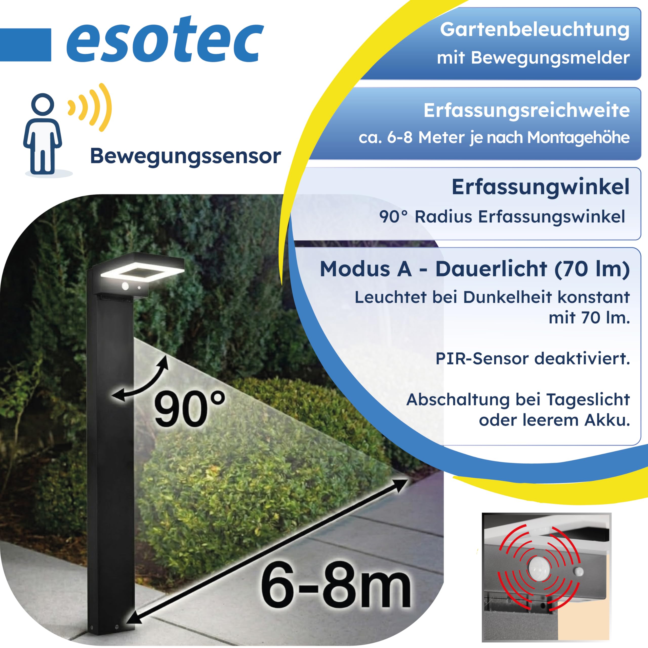 esotec Solar Wegeleuchte mit Bewegungsmelder Stella, H=80cm, Aluminium Außenleuchte, warmweiß 3000K, wechselbarer LiFePO4 Akku 102936