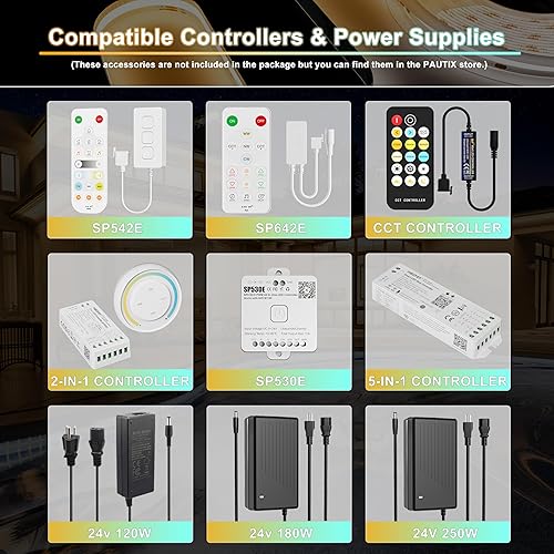 Miniatura 7 de PAUTIX COB - Tira de luz LED CCT sintonizable blanca IP65 impermeable, CRI90+ 24 pies24.6 ft 2700K-6500K regulable 24V LED cinta de luz LED, para