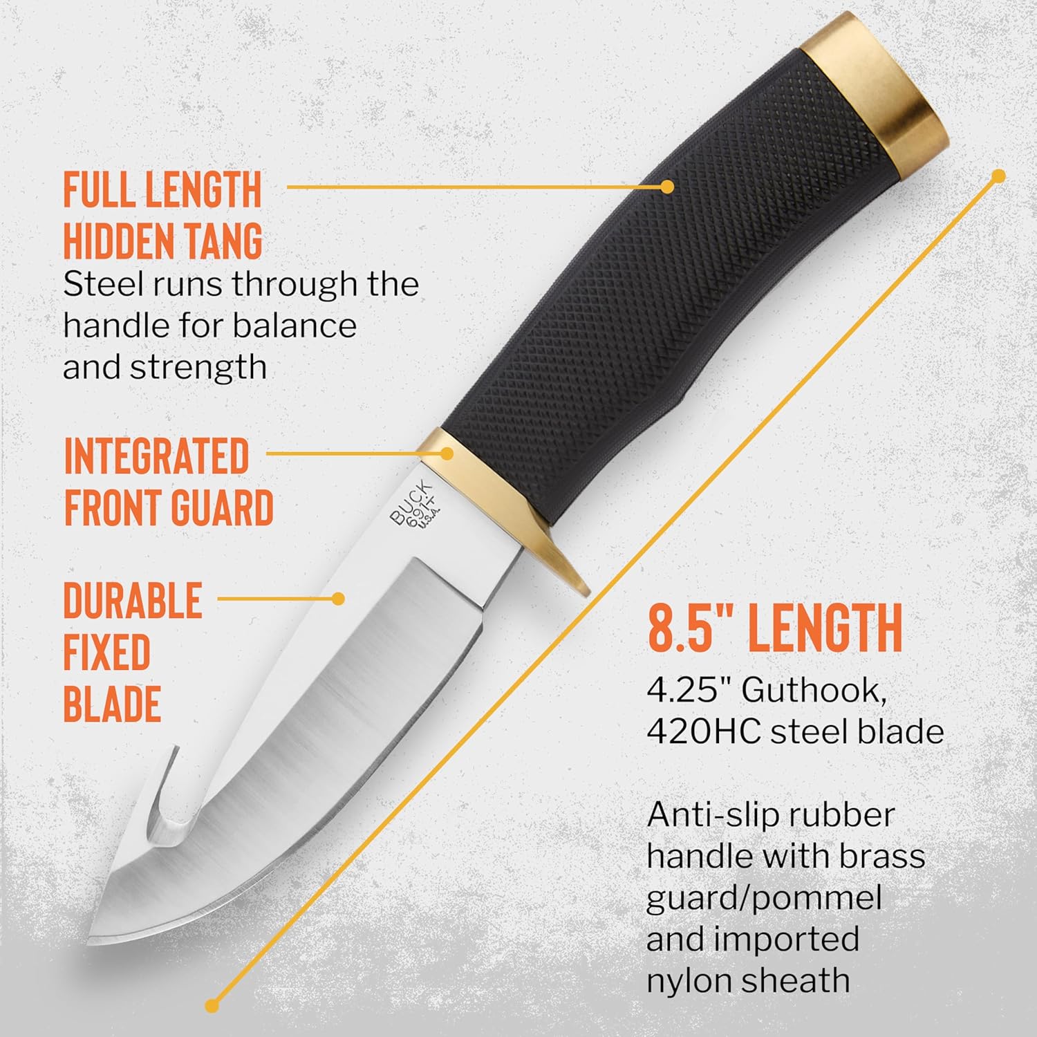 Buck Knives 691 Buck Zipper Hunting Knife, 4-1/4" Fixed Blade, Rubber Handle, 420HC Stainless Steel Drop Point Guthook Blade, Sheath Included, Knife Made in the USA, 6.6 oz