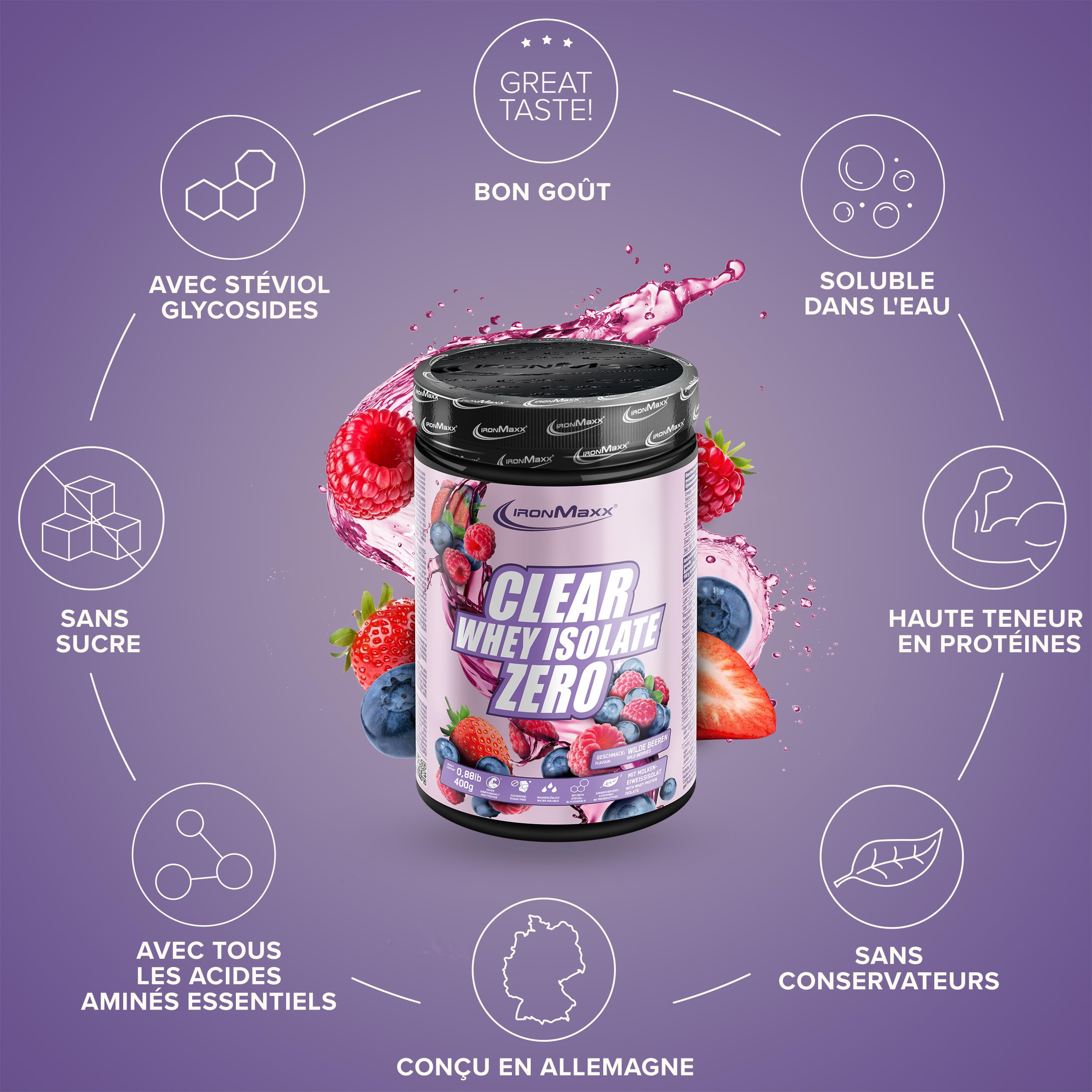 IronMaxx Clear Whey Isolate Zero - Wild Berry 400g | Whey Protein Isolate | Proteine Whey Sans Sucre | Clear Whey Boisson Protéinée | Shaker Proteine Zéro Sucre pour Musculation & Pre-Workout