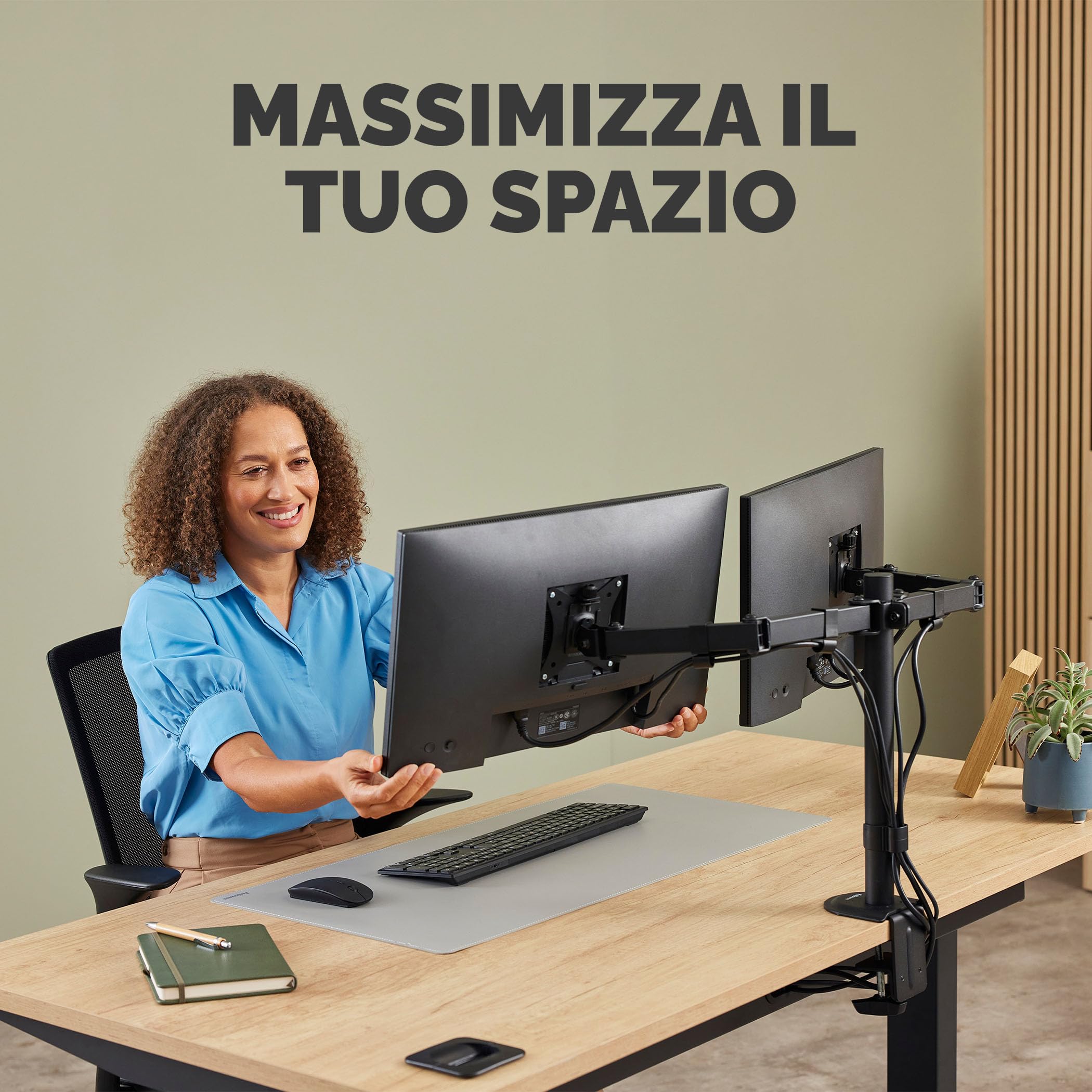 Fellowes Braccio Monitor Doppio Everyday – Supporta 2 schermi 17"-32" (2-9 kg ciascuno), regolabile in altezza, inclinazione e rotazione, VESA 75/100, a morsetto o foro passante - Nero