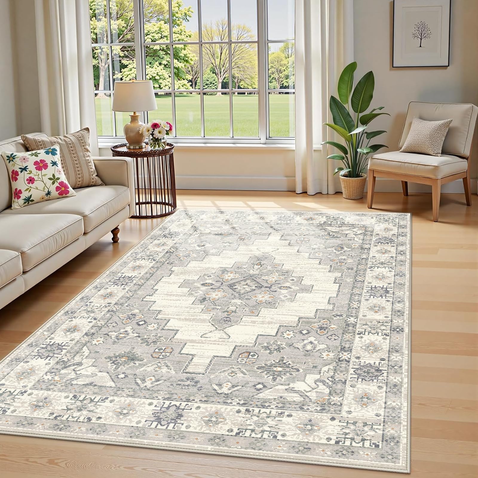 Cycleader 120x170cm Washable Non-Slip Area Rug for Living Room Bedroom, Vintage Boho Faux Cashmere Carpet Indoor Soft Durable Large Floor Mat, Low Pile Rugs with Anti-Slip Backing Home Decor