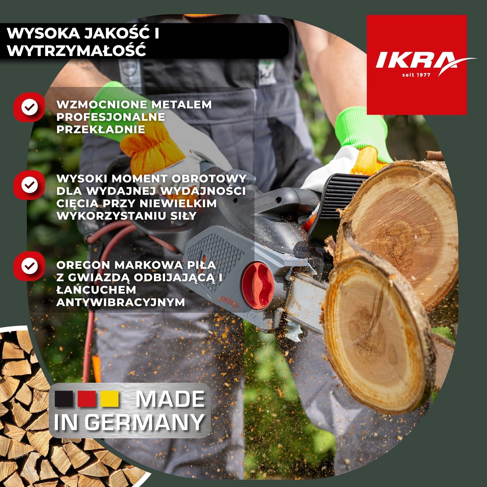 IKRA Pilarka łańcuchowa elektryczna KSE 2400-40, 2 zapasowe łańcuchy | Długość cięcia 40 cm, łańcuch o niskich wibracjach, beznarzędziowy montaż i napinanie, 2400 W, wzmocniona metalem przekładnia