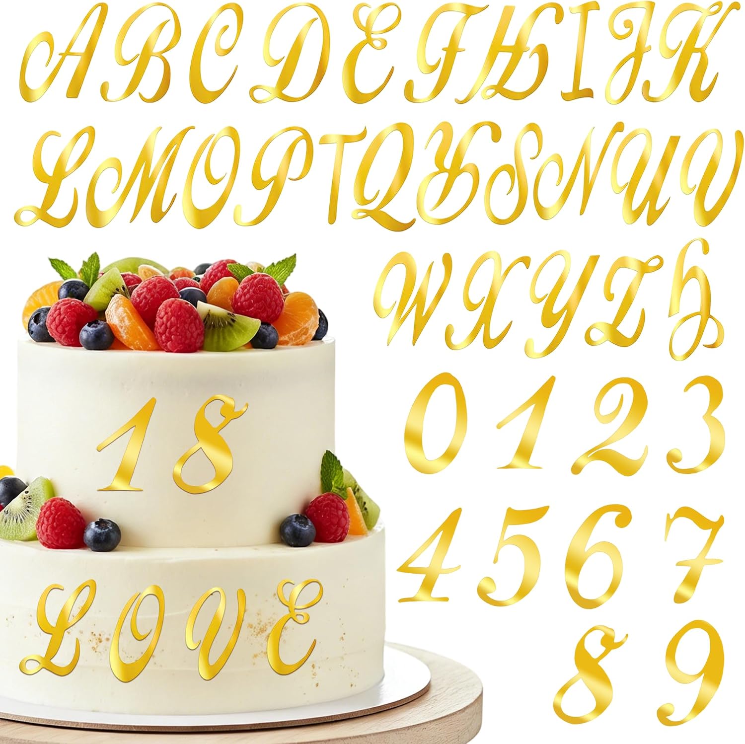 37PCS Gold Acrylic Alphabet and Number Cake Toppers Decorations Set Uppercase Letters Numbers and Symbol for Birthday Party Cake Decor Custom Name Decorations Celebration Supplies