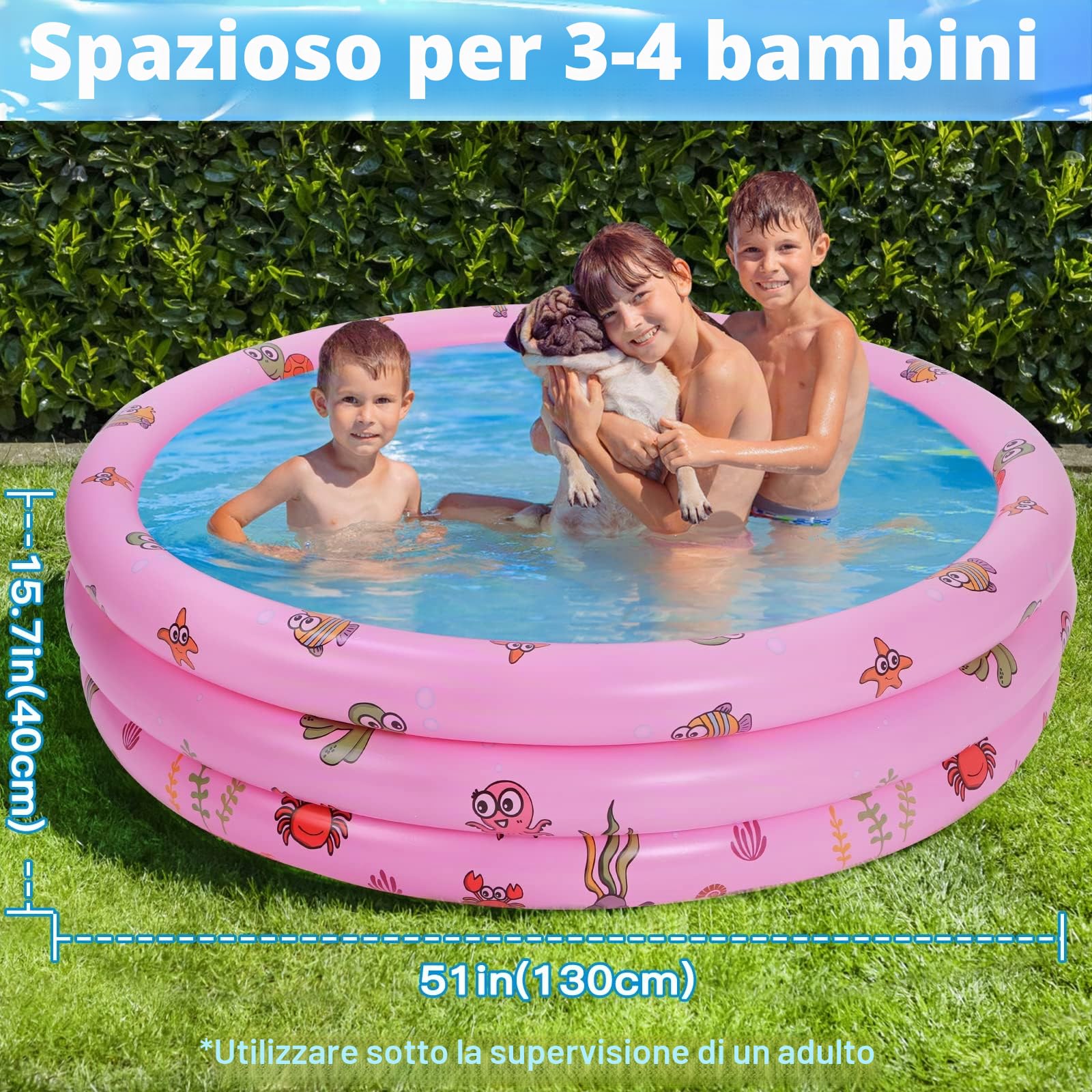 Highttoy Piscina Bambini,Piscina Gonfiabile Rotonda da 51 Pollici Piscinetta Gonfiabile Neonato Bambini Bambina, PVC Durevole 3 Camera d'aria Individuali, Rosa(130 x 40cm)