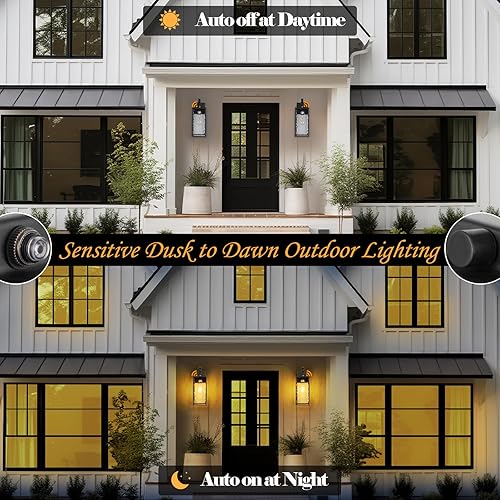Miniatura 2 de Paquete de 2 luces exteriores del anochecer al amanecer con vidrio ondulado de agua, IP65 impermeable negro mate, luces delanteras de porche