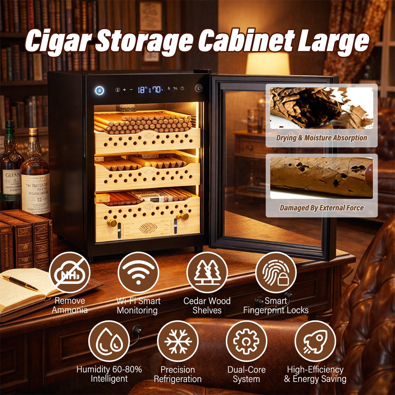 Humidor Für Zigarren Groß 60l Bis 200 Zigarren Elektrischer Zigarrenschrank Mit Zedernholz Innenraum WLAN Und Fingerabdruck Schloss Mit Temperatur Und Feuchtigkeit Einstellung(Drawer)