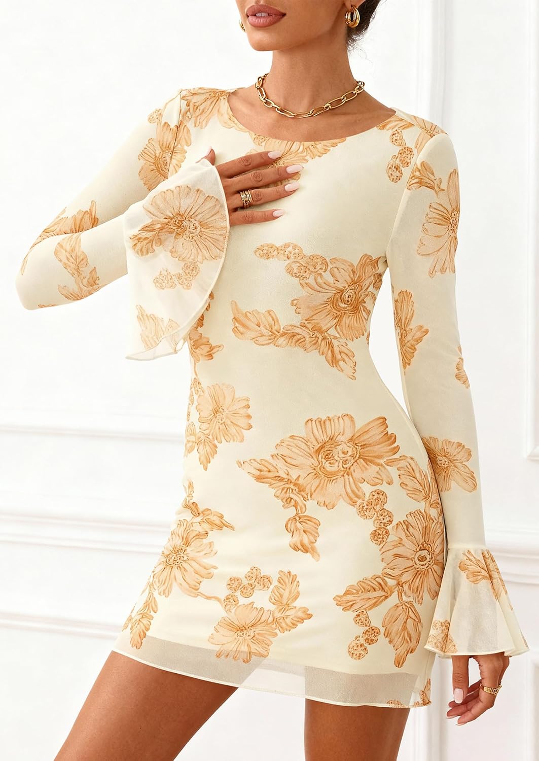 PRETTYGARDEN Women's Floral Dress Spring Fall Fashion Long Bell Sleeve Flower Mini Short Mesh Bodycon Party Dresses - Image 2