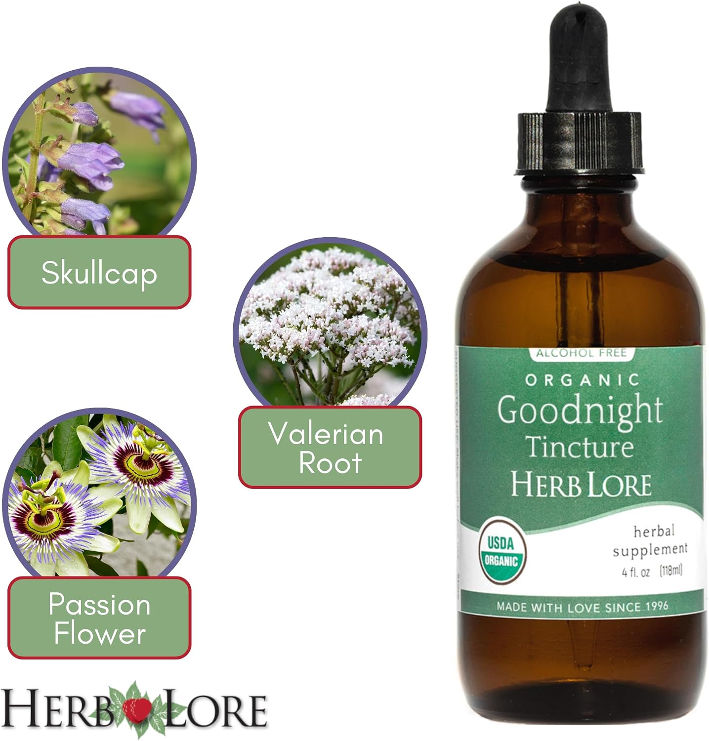 Herb Lore Organic Goodnight Tincture - Liquid Sleep Aid Drops with Valerian Root & Passion Flower Extract for Adults & Kids - Melatonin Free Herbal Sleep Supplement - 4 fl oz