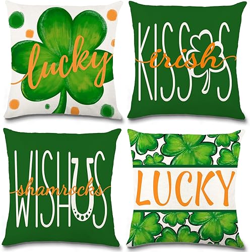 DIYDEC 4 fundas de almohada del día de San Patricio de 18 x 18 pulgadas, fundas de almohada de primavera de tréboles de la suerte verdes, fundas de