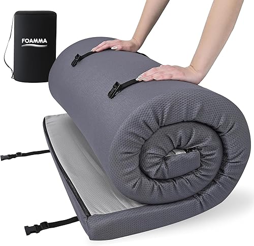 Foamma Colchón de camping enrollable de alta densidad de 3 x 54 x 80 pulgadas, espuma certificada CertiPUR-US, funda suave acolchada, fabricado en