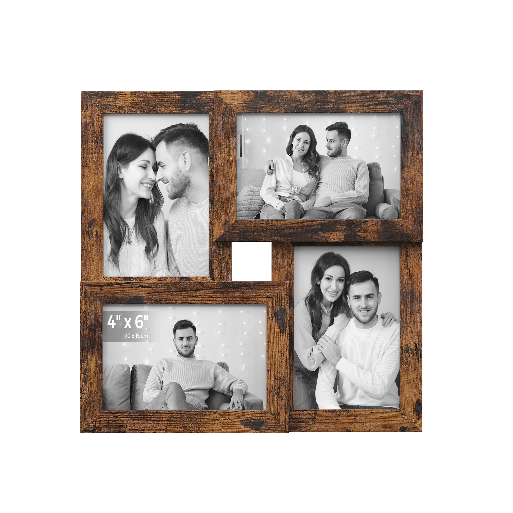 SONGMICS 4x6 Collage Picture Frames, Family Photo Collage Frame Set of 4 for Wall Decor, Glass Front, Wall Hanging or Tabletop, Rustic Brown URPF025X01