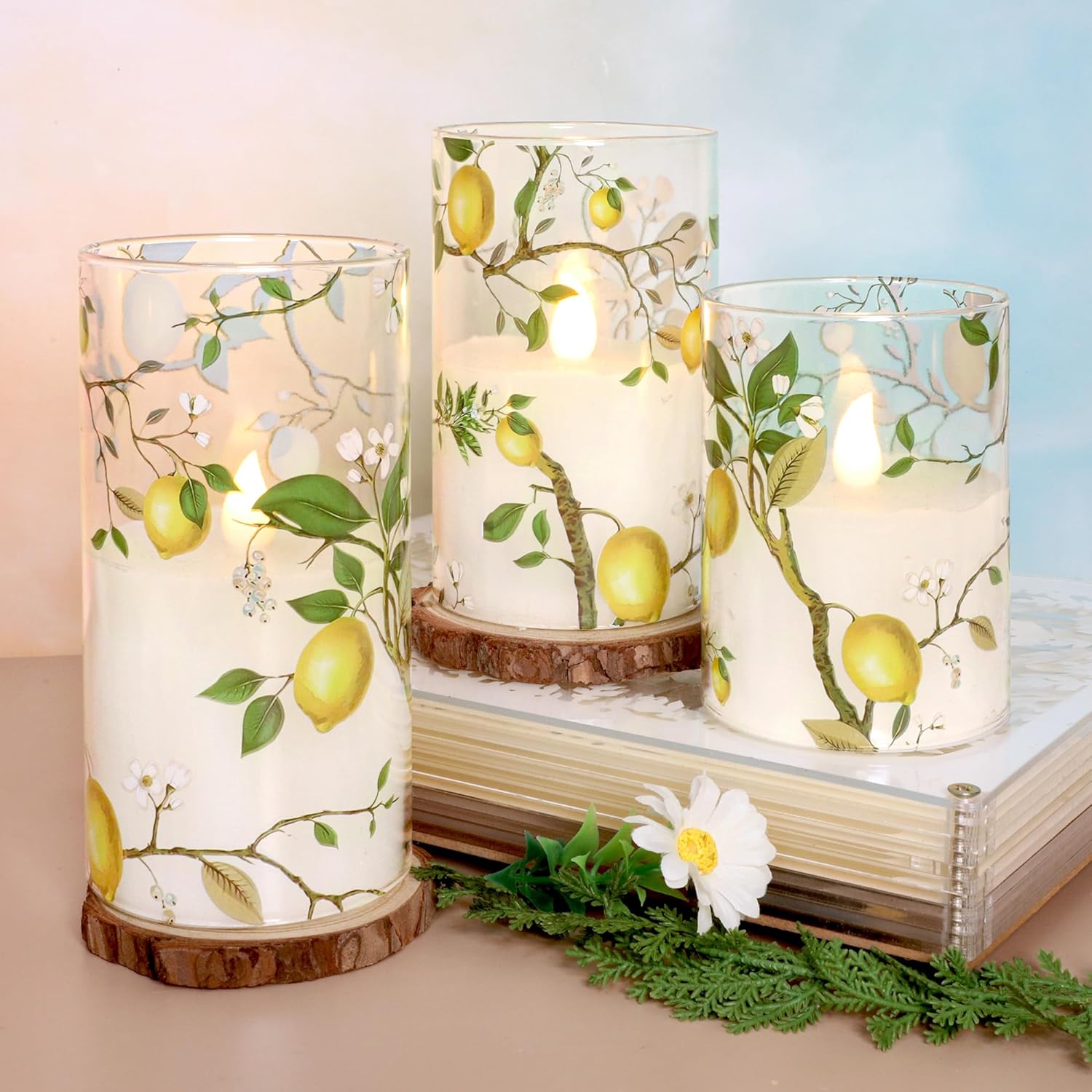 Lemon Decor Glass Flameless Candles, Flickering Battery Operated LED Real Wax Pillar Candles with Remote Timer for Holiday Spring Home Decorations, Set of 3