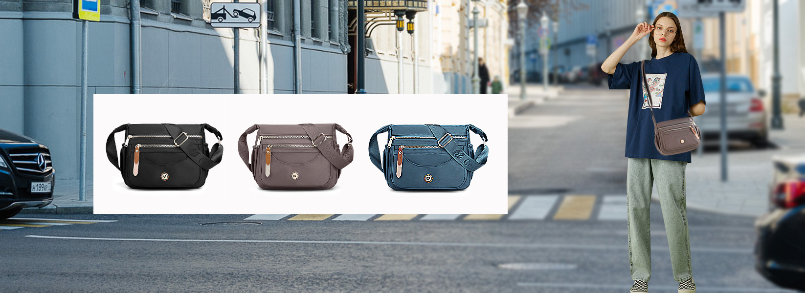 Borsa A Tracolla Donna In Nylon - Grande Capacità Con 5 Tasche Multiple E Tracolla Regolabile (Nero/Blu/Marrone) - copertina