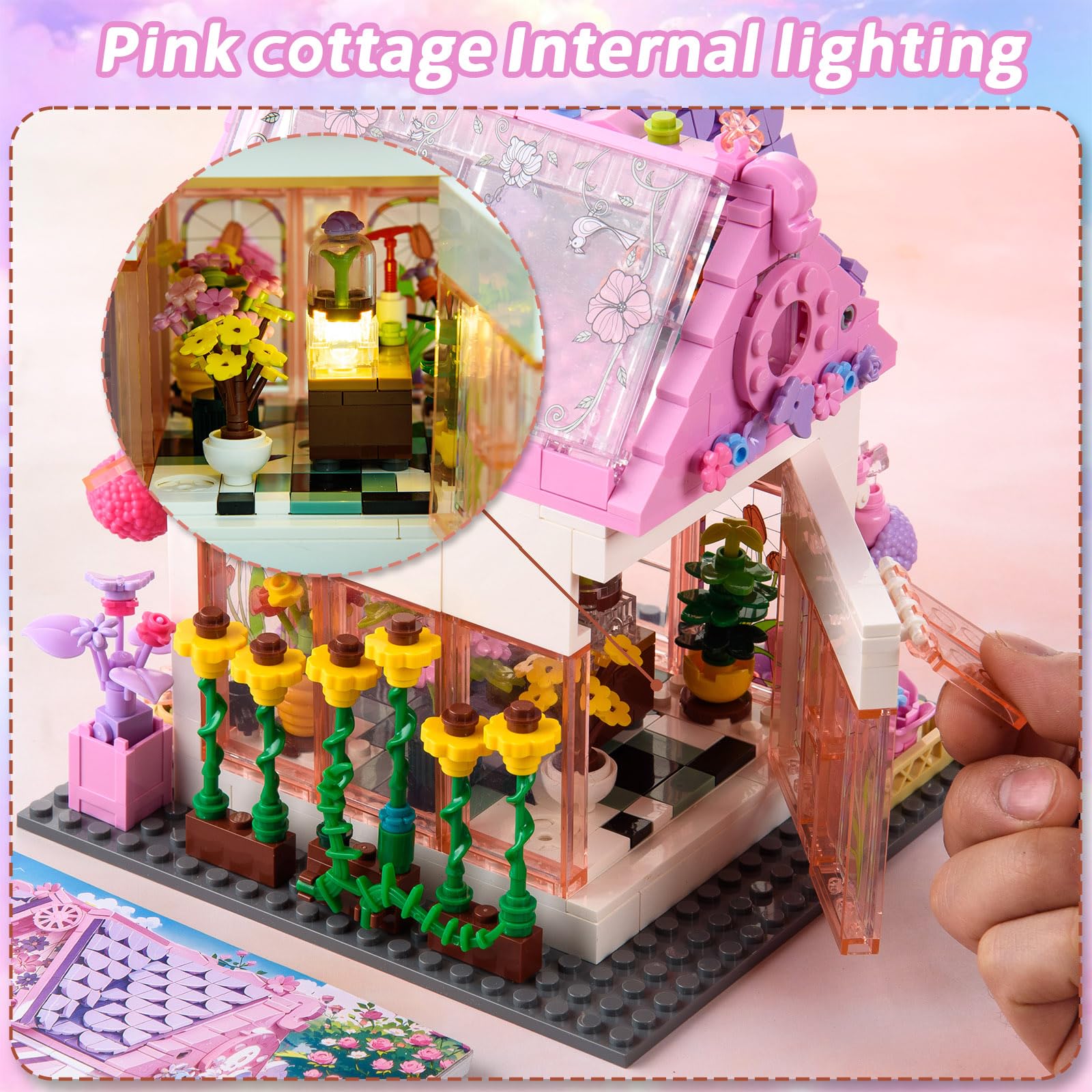 Aigidusansu Pink Flower Shop Building Set, Cute Purple Flower House with Sunflower Daisy and Butterfly, Great Gift for Friends or Girls Age 6-12 (705 Pieces)
