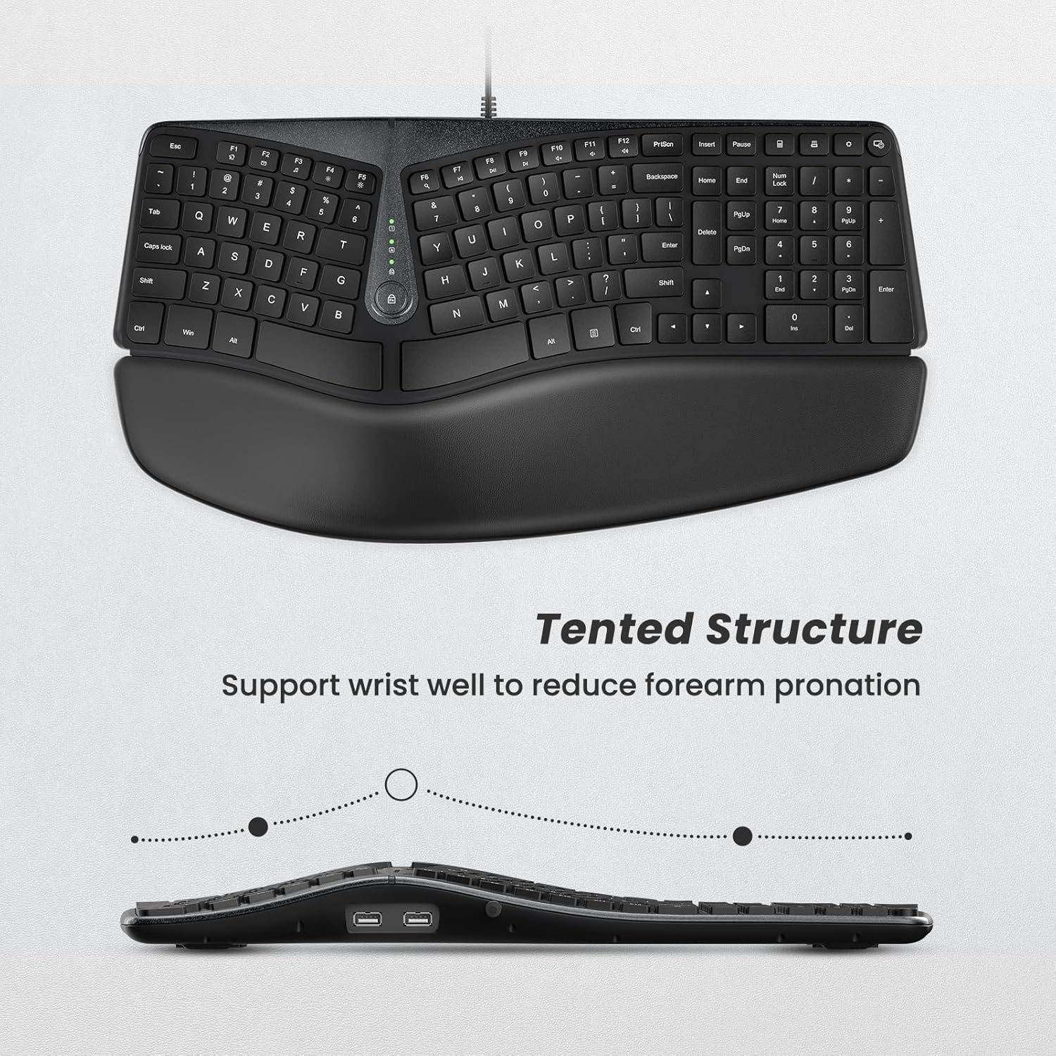 Image showing the tented structure of the Nulea ergonomic keyboard from a side view.