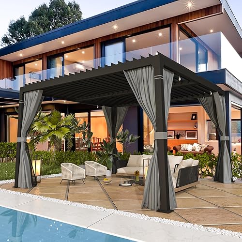 Miniatura 8 de EROMMY Pérgola con listones de 11 x 13 pies, para exteriores, con marco de grano de madera de aluminio y techo ajustable de metal resistente a la