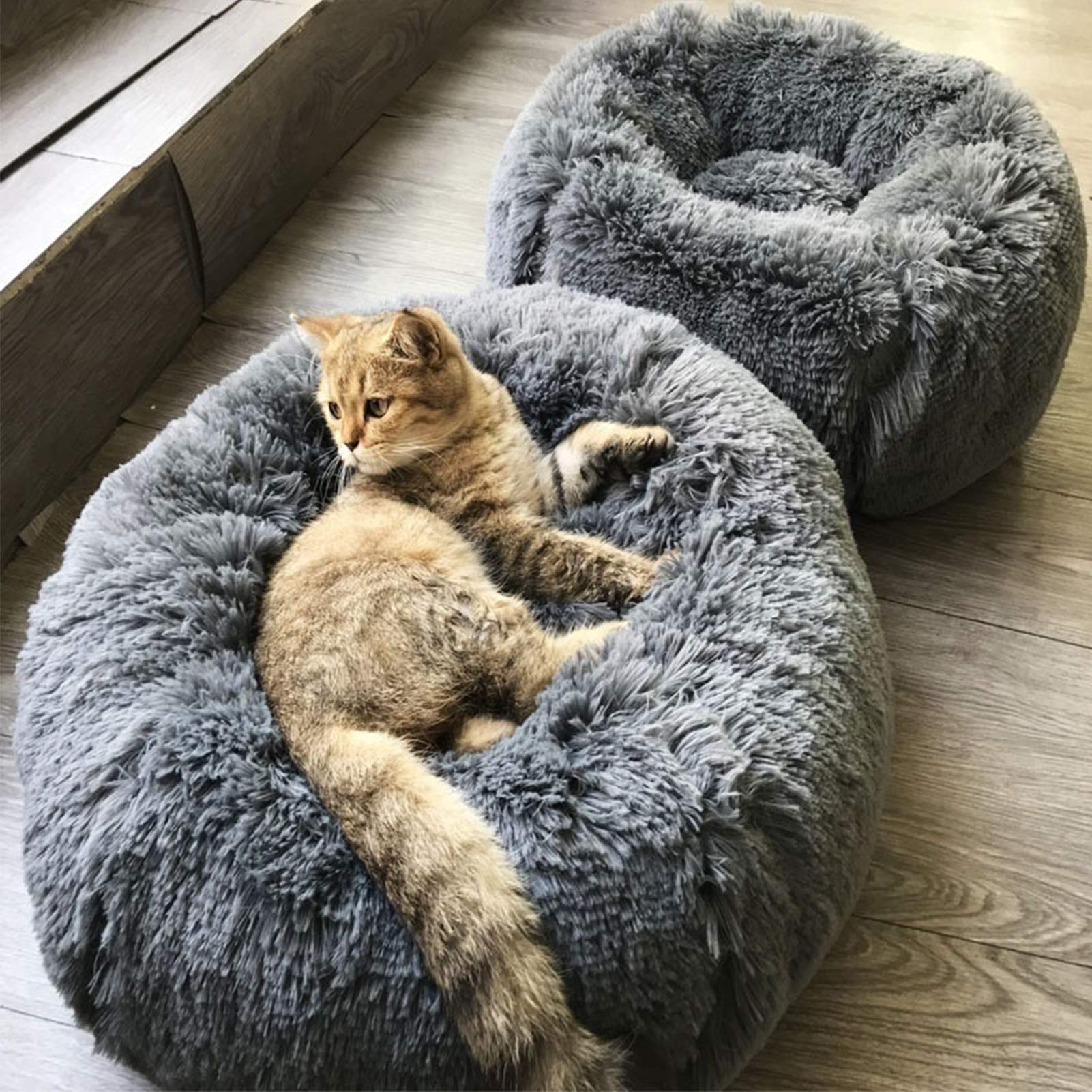 Whome Donut Hundebett – Rundes, Flauschiges Haustierbett, Größe M (65x65 Cm), Dunkelgrau, Waschbar, Anti-Angst-Design