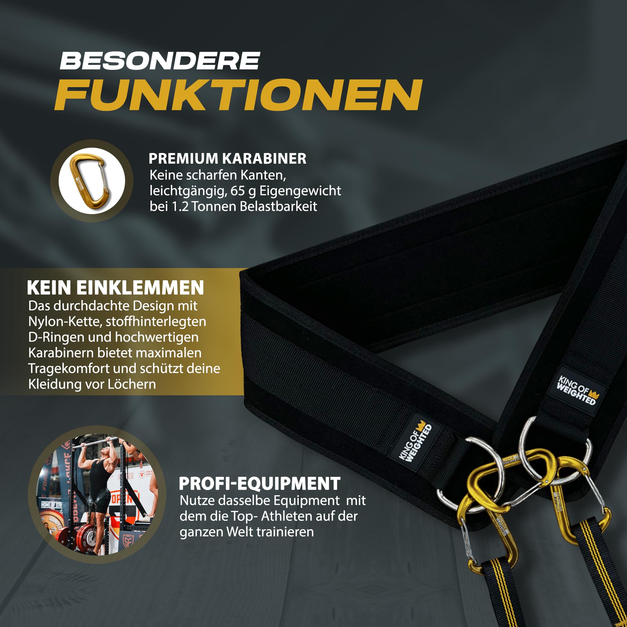 Dip Belt, wettkampf-konformer Dip Gürtel mit Seil + 3 Karabiner, Gewicht Gürtel für Calisthenics, Streetlifting, Krafttraining, Bodybuilding, Gewichtheben - 300kg Belastbarkeit