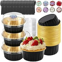 30 Pack 5oz Round Disposable Aluminum Foil Baking Cups, Mini Cake Pans with Lids, Muffin Tin Ramekins for Weddings & Parties-Black