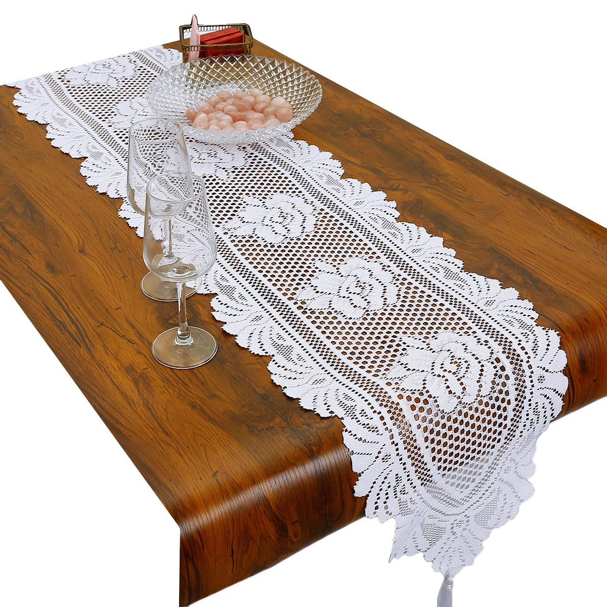 mookaitedecor Runner da tavola rettangolare in pizzo bianco con motivo ricamato, runner moderno per matrimoni, feste, compleanni, decorazione da tavolo, 155 x 39 cm