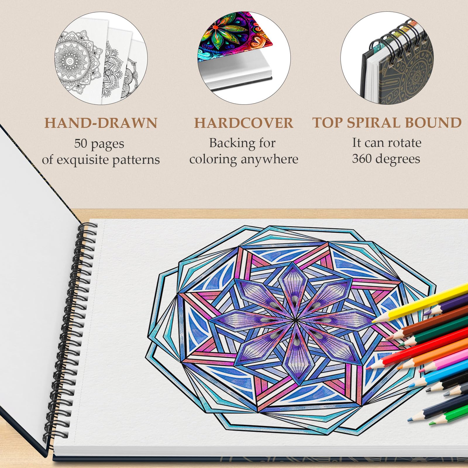 Mandala-Malbuch für Erwachsene und Frauen, Entspannung, Erwachsenen-Malbuch für Frauen, Entspannung mit 50 Mustern, fester Einband, dickes Papier, Spiralbindung, handgezeichnetes Design, Geschenk zum